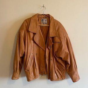 Camel oversized leather bomber jacket